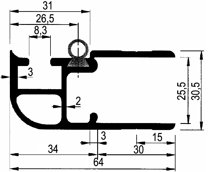 Profil inchidere spate 25 mm Kinnegrip K20, Al. eloxat